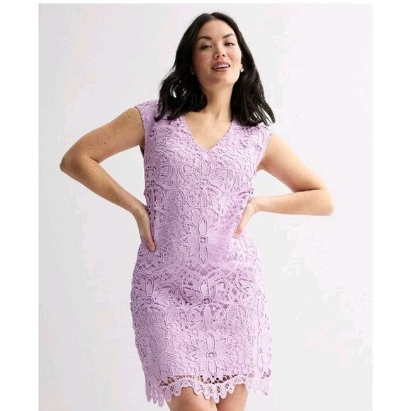 London Times Lace Extended Shoulder V-Neck Shift Dress Lilac Size 8 Worn Once